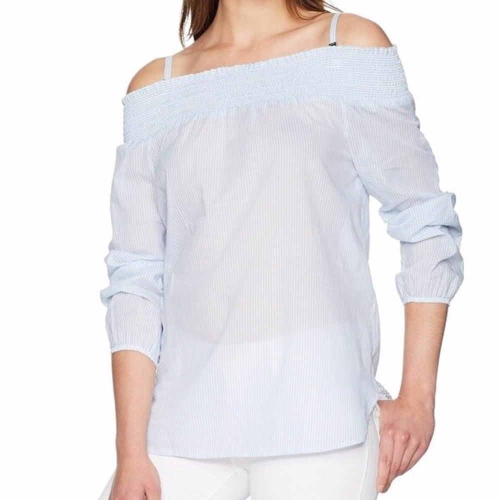 Calvin Klein Light Blue and White Striped Off Shoulder Blouse